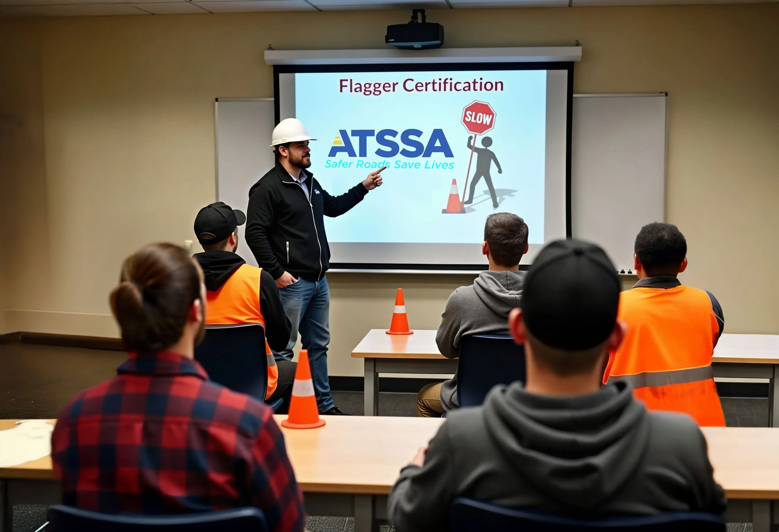 A safety instructor in a hard hat giving a presentation on traffic safety to a group of workers wearing vests in a classroom with a projection screen that reads 'Flagger Certification' and the ATSSA logo.
