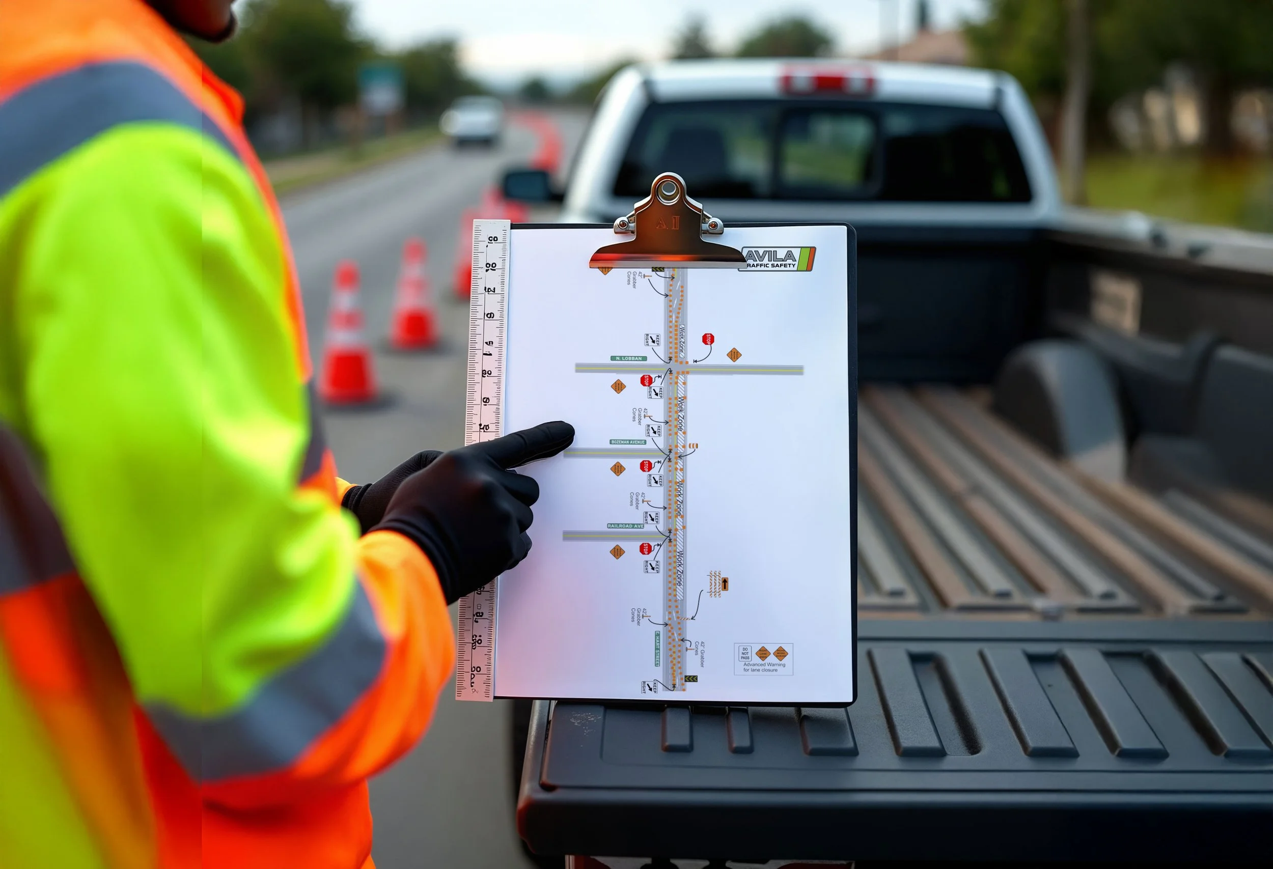 Traffic worker in a yellow and orange safety vest holding a clipboard with a road diagram, with orange traffic cones and a pickup truck in the background.