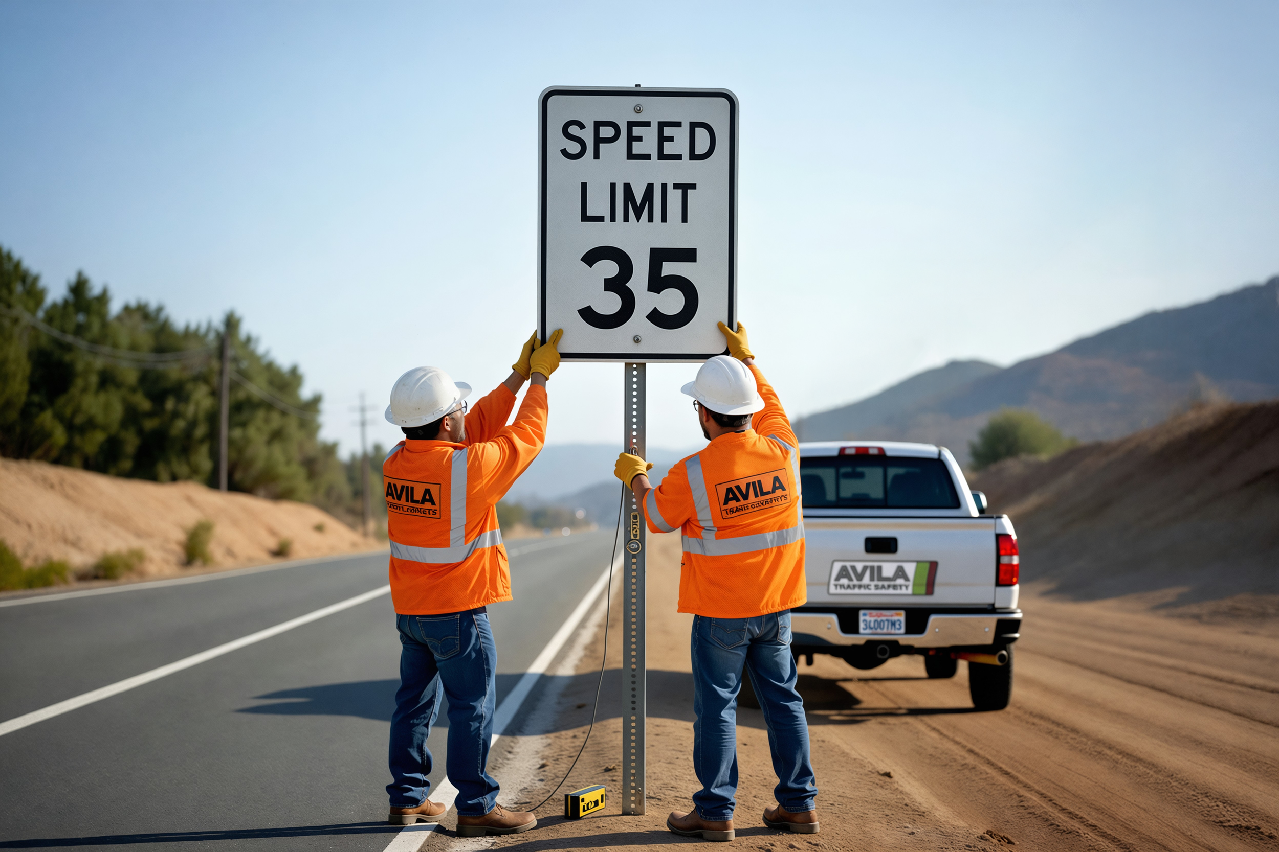Two construction workers installing a speed limit sign that reads 35 mph on the side of a highway with mountains in the background.