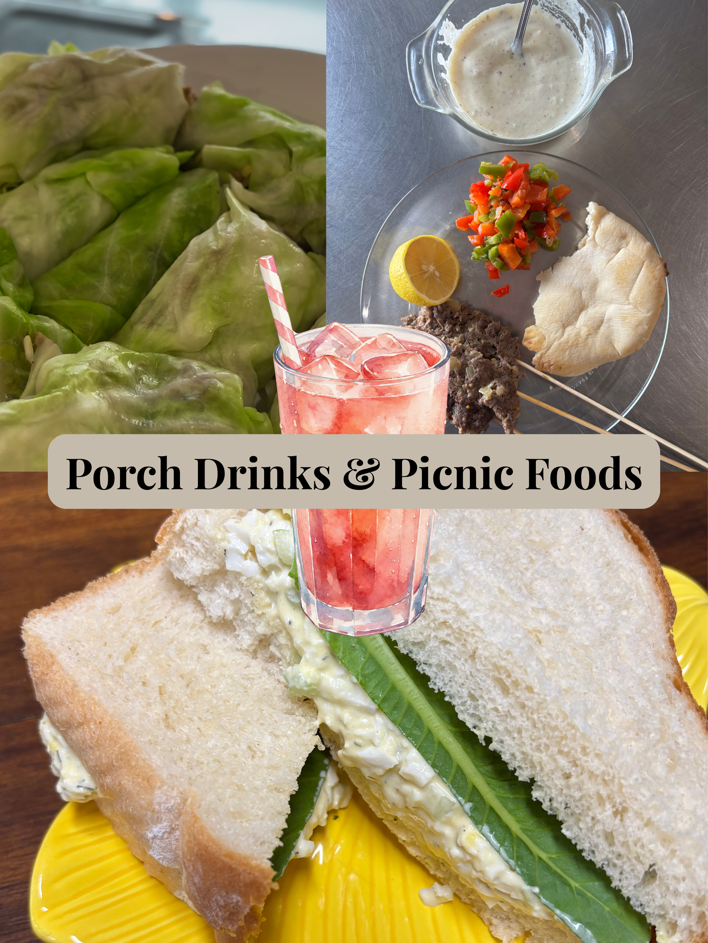 Delicious green cabbage rolls collaged with a fluffy eggs salad sanwich and a lamb kebabs