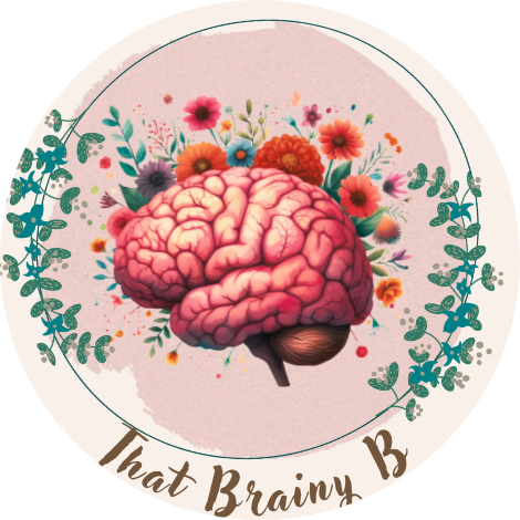 Illustration of a human brain surrounded by colorful flowers and green foliage with a decorative circular border.