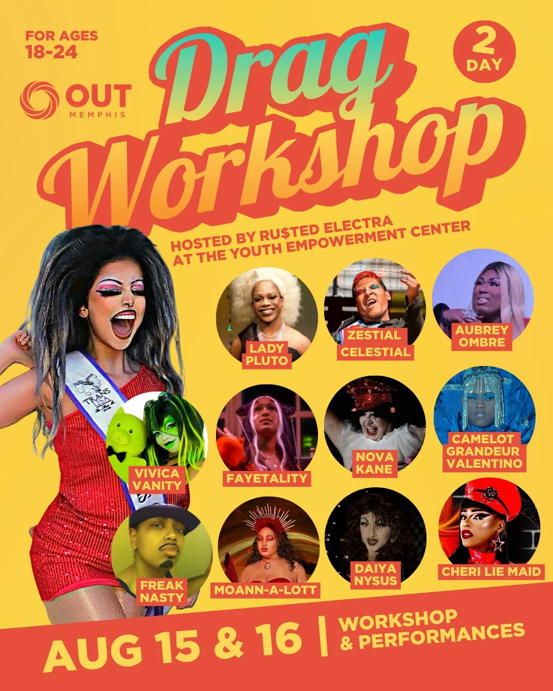 Are you ready for this weekend's 2 Day Drag Workshop &amp; Performances at the Youth Empowerment Center? ⁠
⁠
Hosted by Ru$ted Electra and bringing you a cast of amazing regional and local drag artists. ⁠
⁠
Join us on August 15 and create your very ow