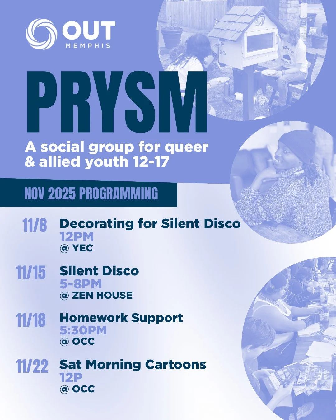 This month with PRYSM! 🏳️&zwj;🌈⁠
⁠
The PRYSM program at OUTMemphis stands for Proud, Resilient, Youth-Standing-Memphis. It's a supportive and empowering program specifically designed for LGBTQ+ youth ages 12&ndash;17.