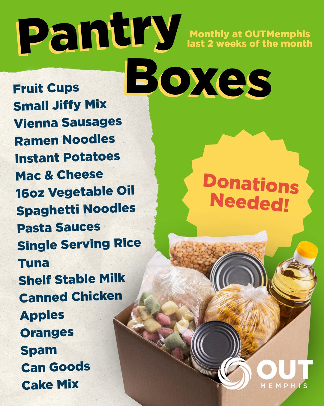 OUTMemphis has started a new Pantry Box program to combat our food crisis&mdash;BUT we need your help to keep up with the demand!⁠
⁠
Everyone deserves a meal and together we can help get folks fed. Purchase items off our Amazon wish list or simply se