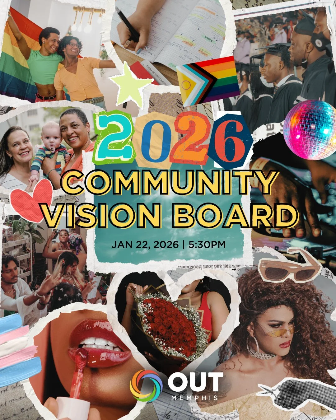 Join us on January 22 from 5:30PM - 6:30PM at the OUTMemphis Community Center for a community engagement event where participants curate personal visions for 2026!⁠
⁠
Your vision board will focus on displaying your 2026 goals across life areas like h