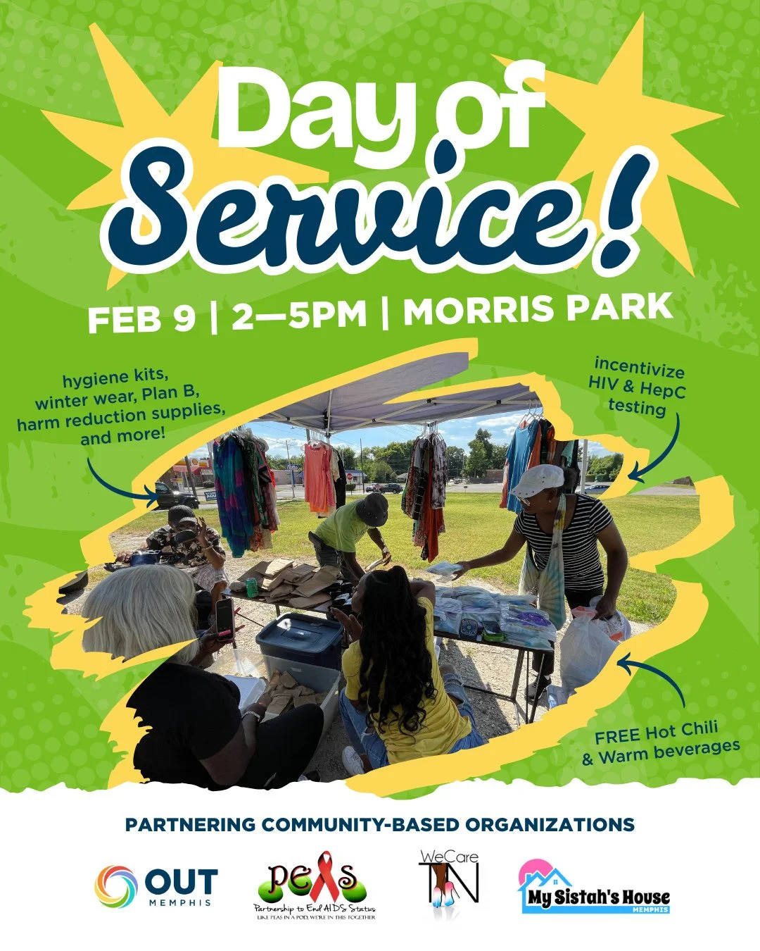 Join us for our winter Day of Service, providing our community with essential resources and care.⁠
⁠
We will be offering incentivized HIV and HepC testing, as well as distributing hygiene kits, winter apparel, contraceptives, Plan B, and harm reducti
