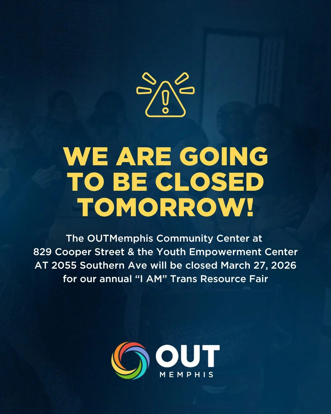 The OUTMemphis Community Center in Cooper-Young will be closed on March 27, 2026 for our Annual "I AM" Trans Resource Fair.⁠
⁠
Learn more about the "I AM" Trans Resource Fair online.