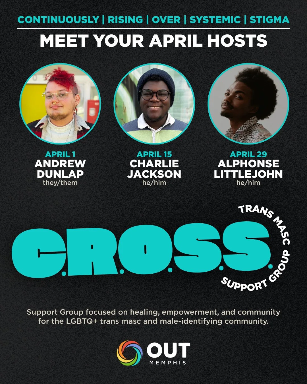 It's a big month for CROSS as it returns tonight for it's April line-up!⁠
⁠
Join in on our trans-masc and male-identifying LGBTQ+ community support group. Our mission is to continually rise above systemic stigma by providing a safe and affirming spac