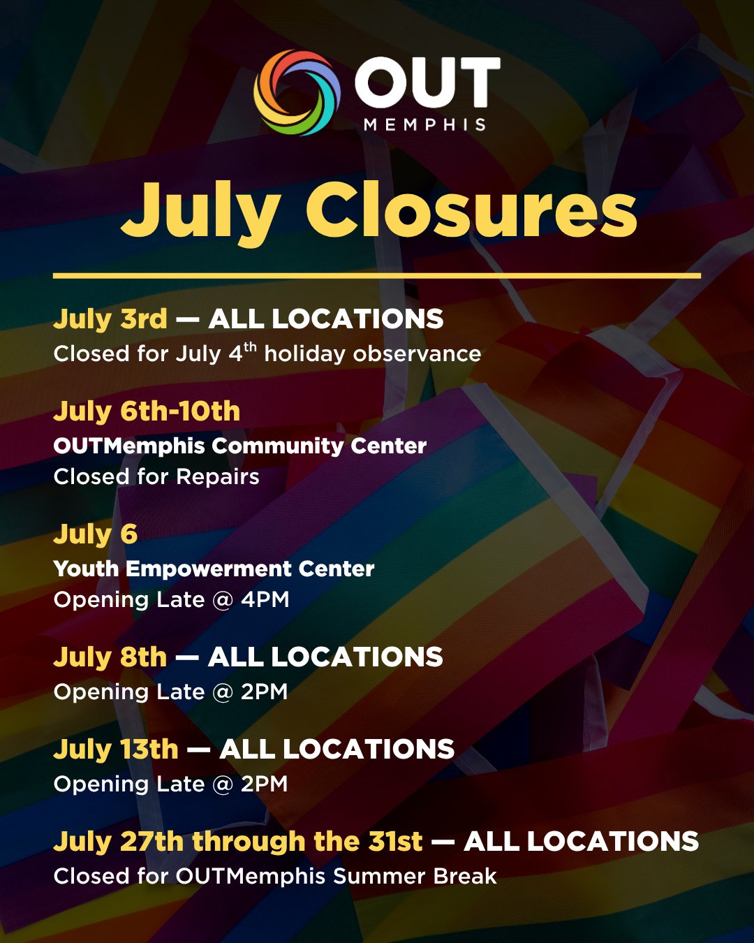 🚨 July Closures Notice! ⁠
⁠
We've got a number of scheduled closures in the month of July that we want to make sure you're aware of! Please be sure to keep up to date with programs through our website as they might be updating throughout the month.