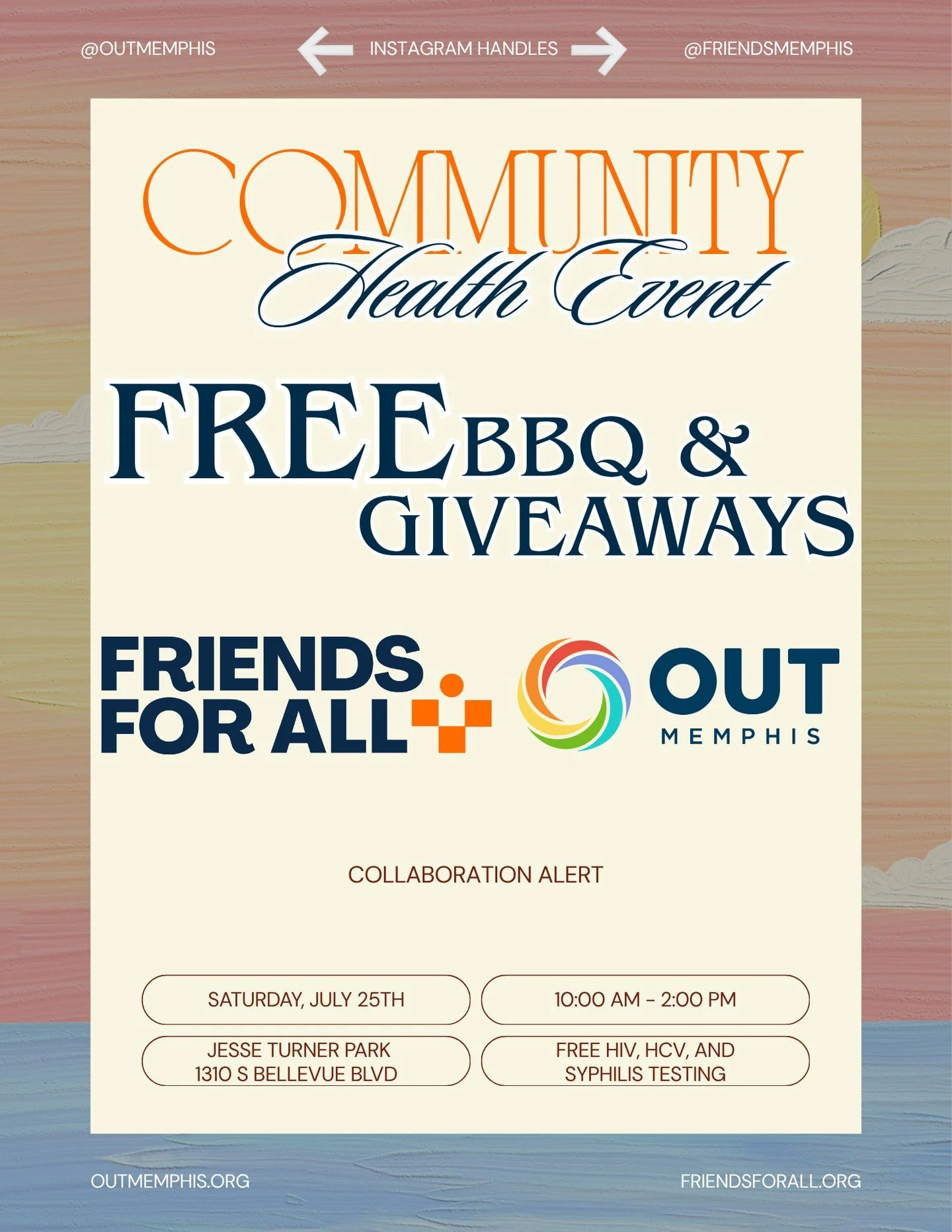 Friends for All &amp; OUTMemphis are teaming up to bring you our first Community Health Event on July 25 at Jesse Turner Park from 10AM-2PM. ⁠
⁠
We'll be providing *FREE* HIV, HCV, and syphilis testing. We'll also be hosting a community cookout. The 