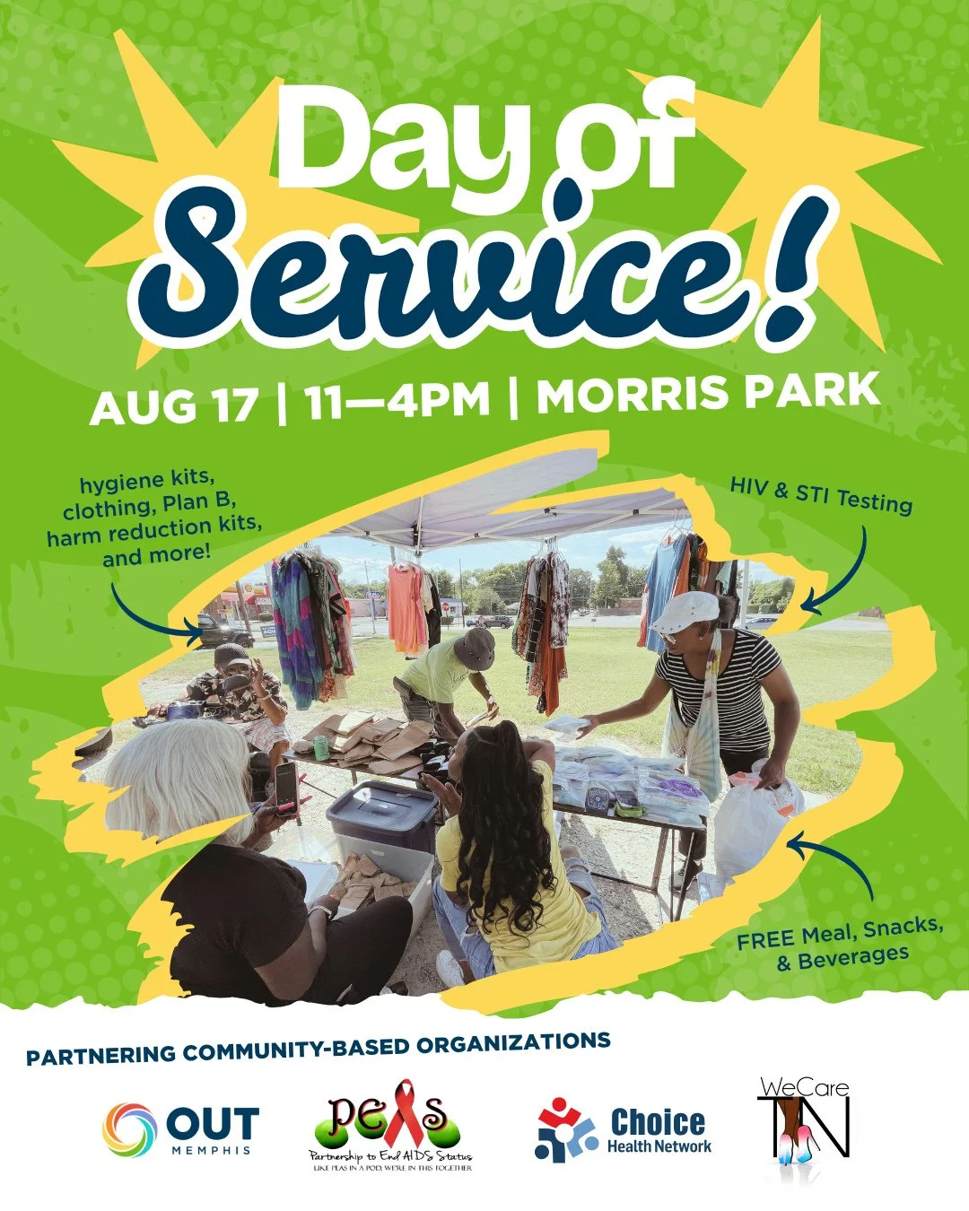 We OUT at Morris Park on Monday, August 17th for another Day of Service! Providing services like FREE food, clothing, HIV &amp; STI Testing, hygiene kits, harm reduction kits, and more! ⁠
⁠
August's Day of Service in partnership with OUTMemphis, PEAS