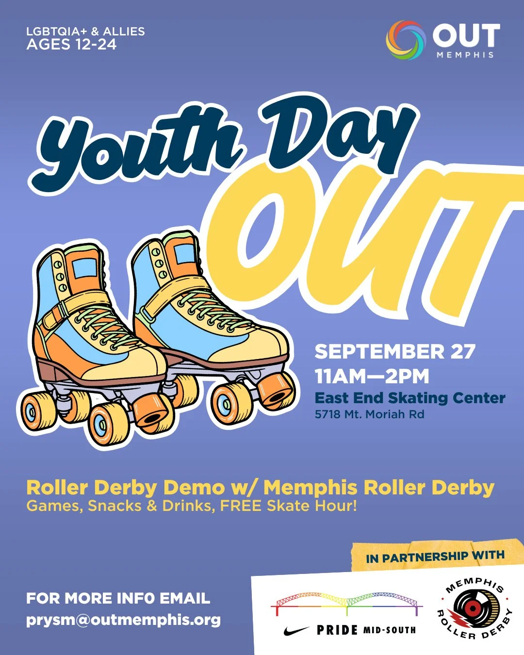 We're on month away from our annual Youth Day OUT program for LGBTQ+ youth and young adults (12-24). We will be joined by local derby team @memphisrollerderby for a demonstration before an open skate, games, and hang! ⁠
⁠
September 27 from 11AM&mdash