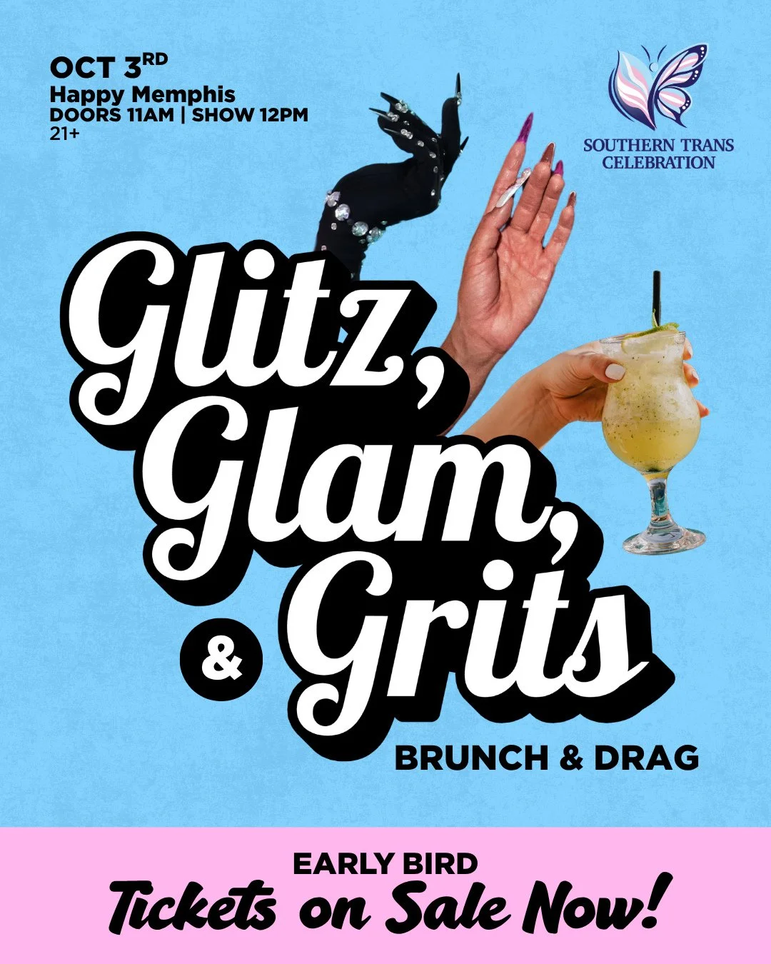 Tickets on sale NOW! ⁠
⁠
Early bird opportunity available for a limited time.⁠
Once we hit capacity that's it! Help the Southern Trans Celebration team prepare for our return in 2027 by grabbing a ticket to our Glitz, Glam, &amp; Grits: Brunch &amp; 