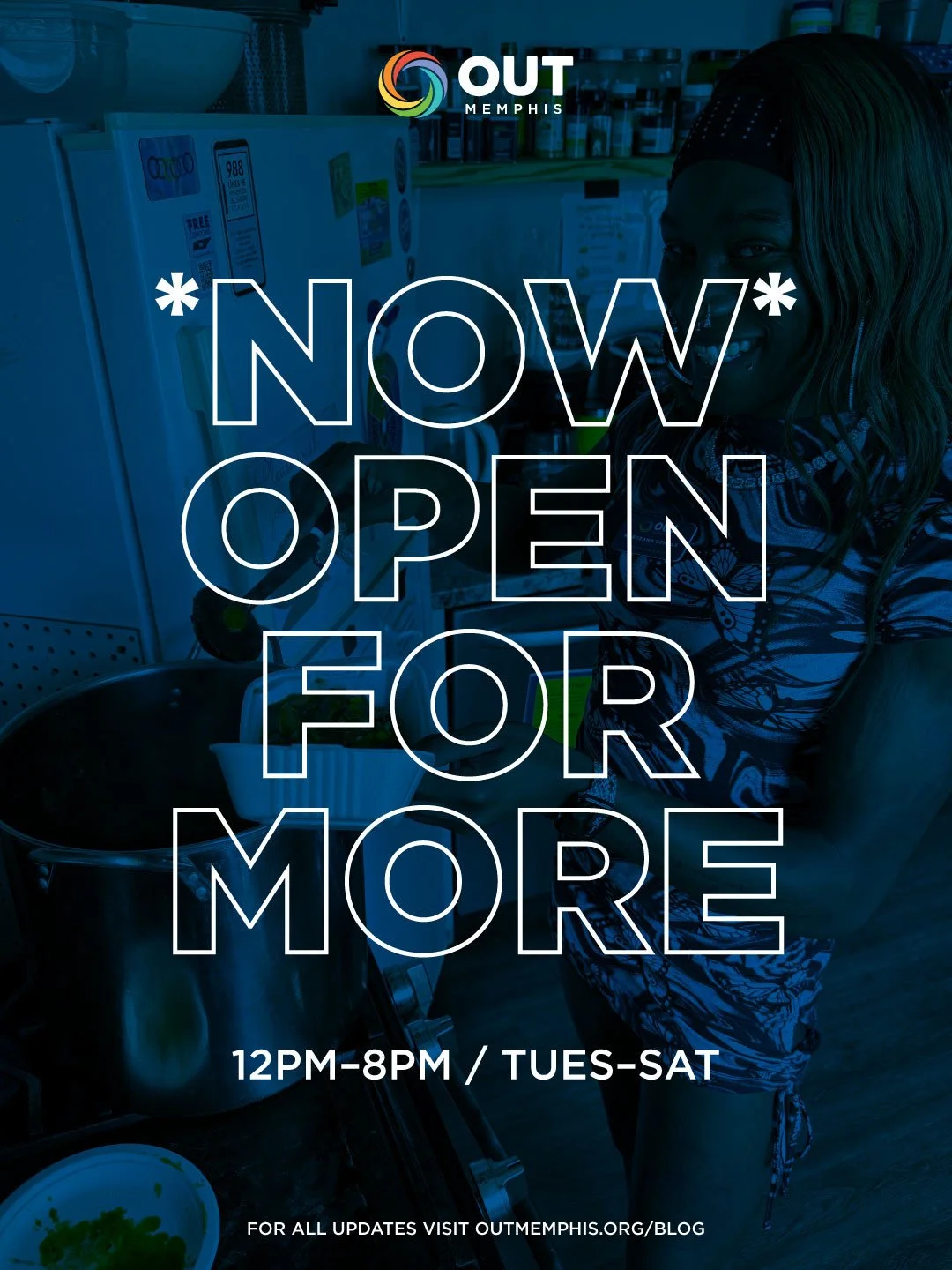 WE&rsquo;RE OPEN FOR MORE! ⁠
⁠
Starting TODAY, OUTMemphis is open for walk-ins: ⁠
TUESDAY &mdash; SATURDAY ⁠
12PM &mdash; 8PM ⁠
⁠
That means more chances to access our services. More programming for LGBTQ+ folks. More FREE HIV/STI testing opportuniti