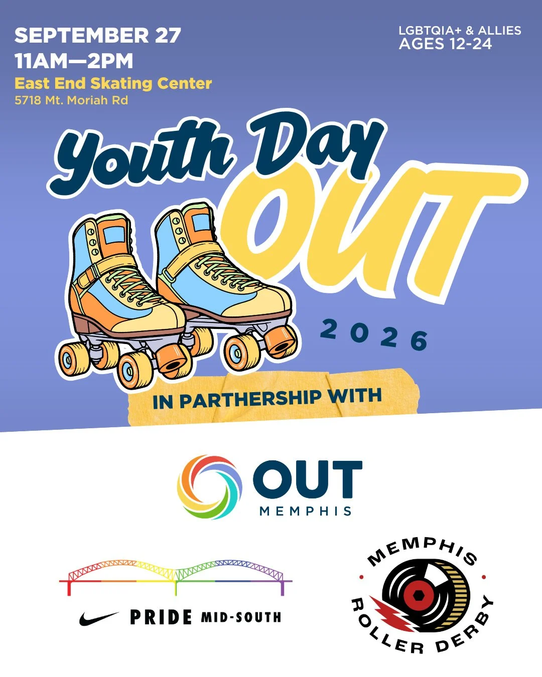Shout out to our friends at Nike Pride Mid-South and Memphis Roller Derby for our annual Youth Day OUT! ⁠
⁠
This year's festivies include a Memphis Roller Derby demo &amp; FREE skate! Let's get moving and have a little fun! ⁠
⁠
Registration link in b