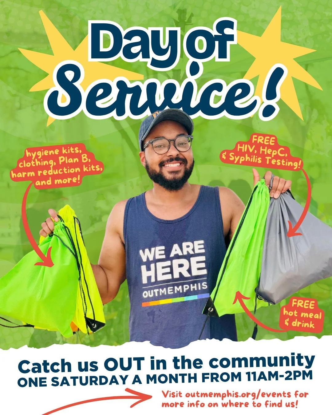 Support your health by getting tested with OUTMemphis at our Day of Service! ⁠
⁠
From 11AM-2PM ⁠
🗓️ October 24&mdash;Jesse Turner Park⁠
🗓️ November 14&mdash;Glenview Park⁠
🗓️ December 12&mdash;Ed Rice Community Center⁠
⁠
We will be offering free t