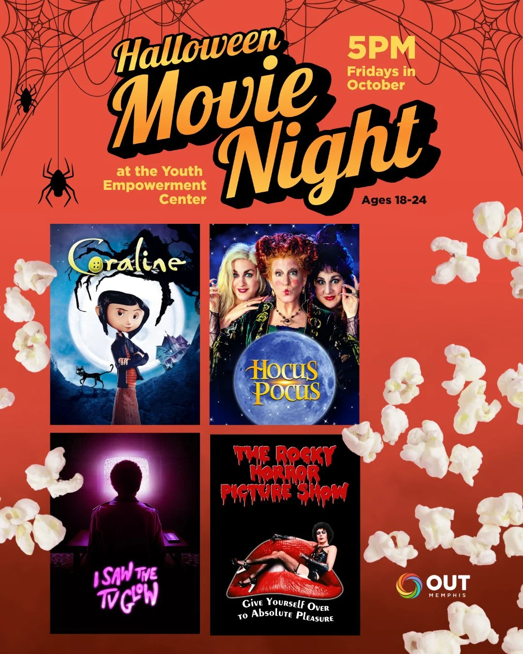 What's your favorite Halloween Movie?⁠
⁠
OUTMemphis is brewing up a Halloween Movie Night series throughout October at the Youth Empowerment Center! ⁠
⁠
Get in the spooky mood with OUTMemphis as we show classics like Rocky Horror Picture Show and Hoc