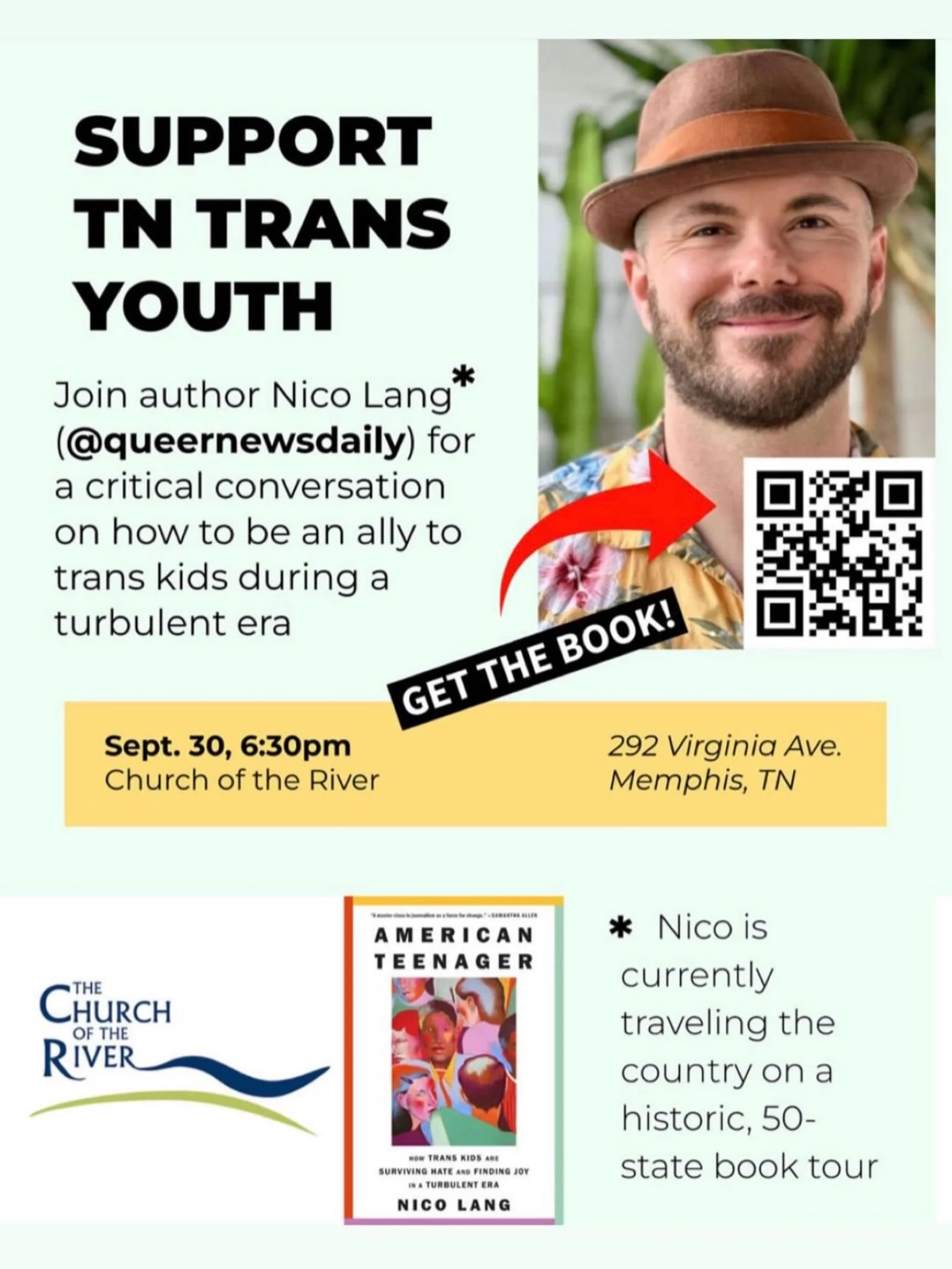 TONIGHT! 📚 

Join the Church of the River as they welcome Nico Lang on his 50 state book tour! His book, American Teenager, follows 8 trans &amp; nonbinary youth from across the country of their daily lives, triumphs, and struggles. 

OUTMemphis is 