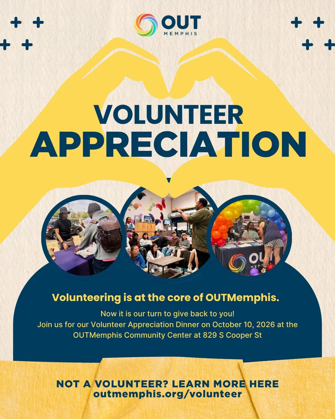 You give to us, now it is our turn to give back to you!⁠
⁠
Join us for our Volunteer Appreciation Dinner on October 10, 2026 at the OUTMemphis Community Center at 829 S Cooper St⁠.⁠
⁠
We will be serving spaghetti, salad, and breadsticks!