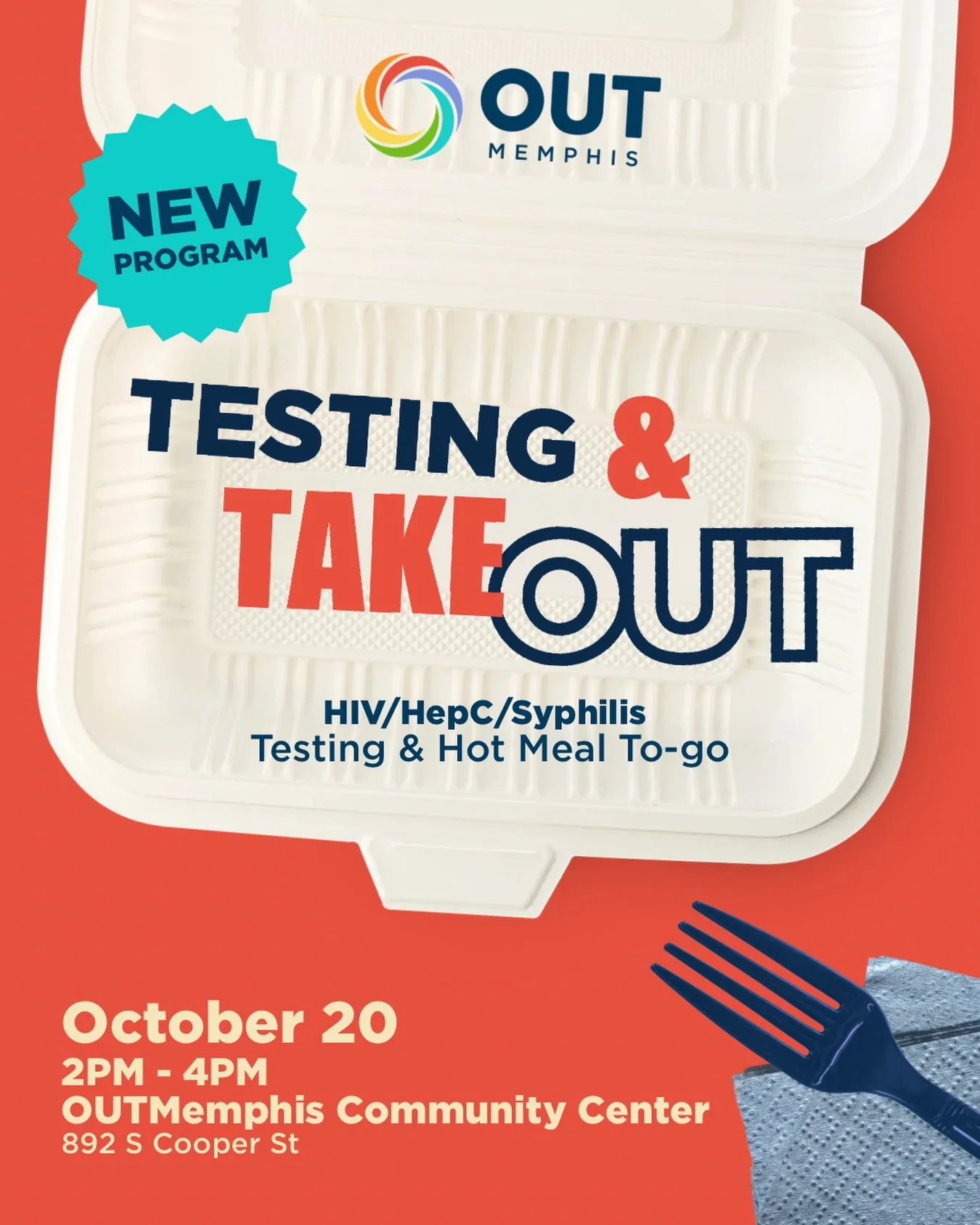 Join us for yet another new program at the OUTMemphis Community Center! FREE HIV/HepC/Syphilis testing AND a hot meal to-go&mdash;October 20th! 

This series of programming is looking to provide you not only with testing but also set you up with what