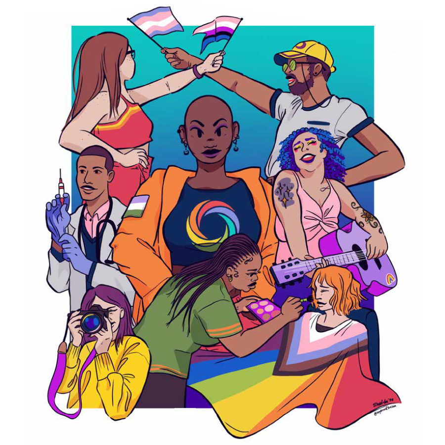 Illustration of diverse LGBTQ+ community members celebrating Pride, holding flags, taking photos, and playing guitar, with vibrant rainbow colors and a focus on inclusivity, promoting Memphis Trans Best of Memphis Guide 2024.