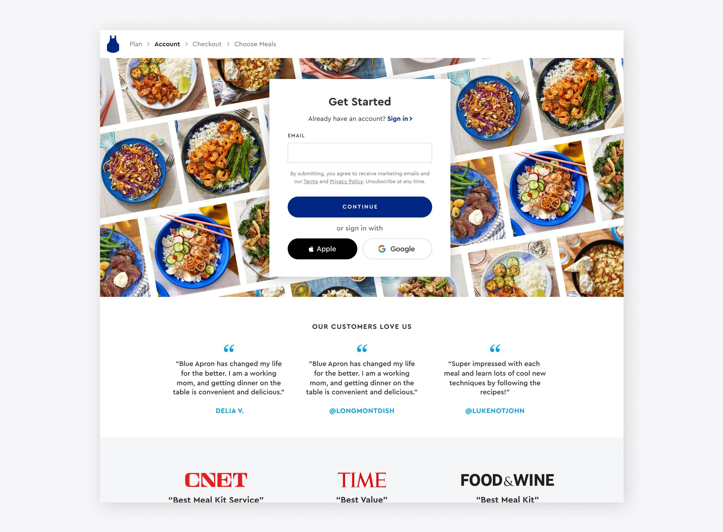 3. Account creation happening after plan building lets users explore their options before committing to use the service. Common testing themes for this page centered around the use of visuals, and integration of social proof through accolades, awards