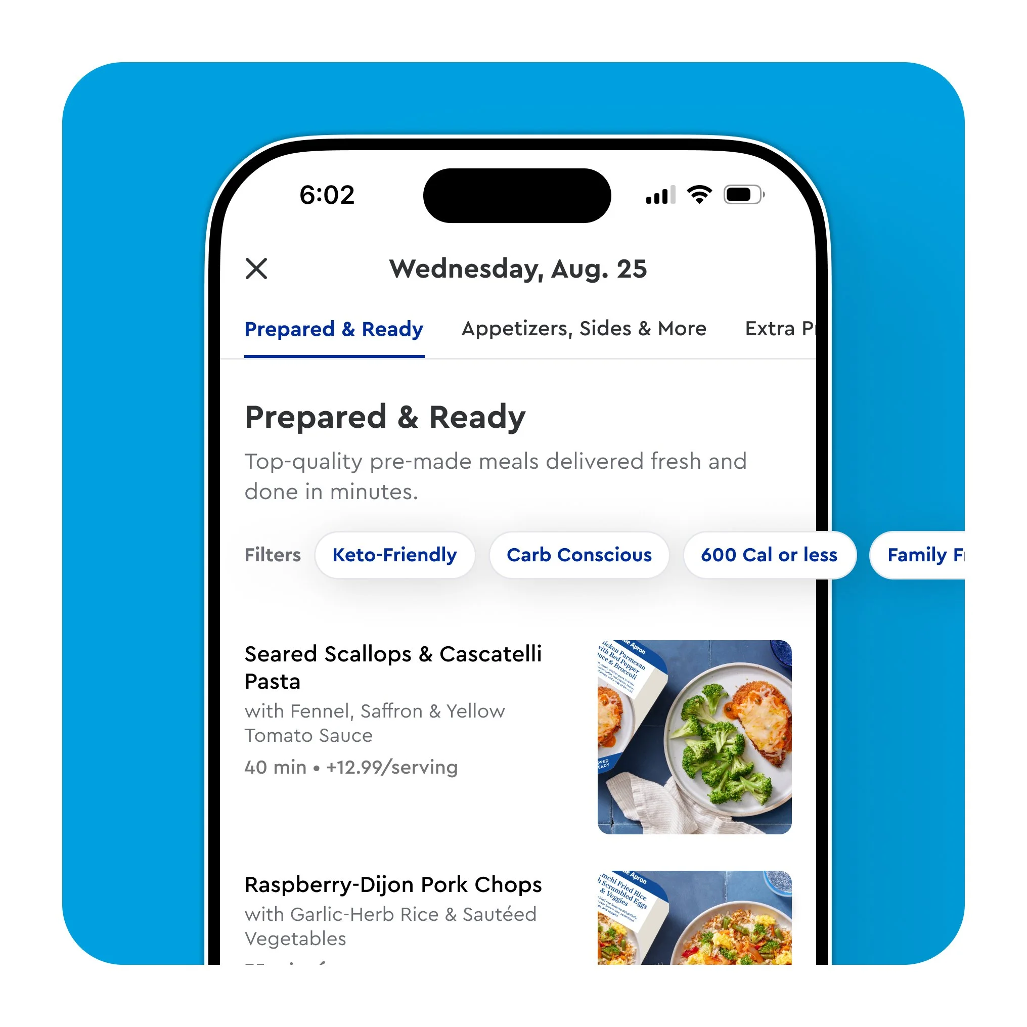 Quick filters help users find the meals that align with their weekly needs, increasing order sizes and decreasing skip rates.