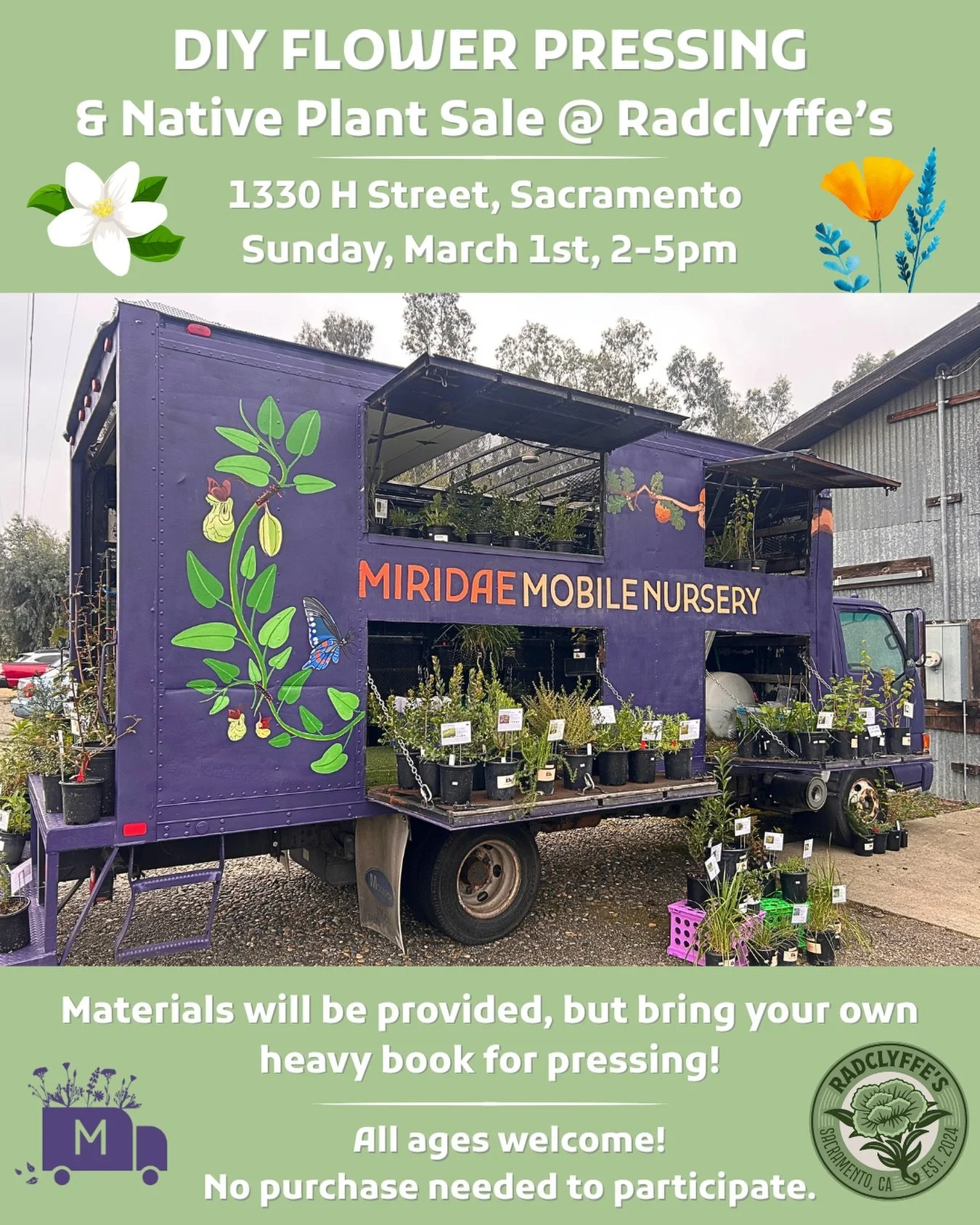 The Mobile Nursery will be offering a free native plant/flower pressing event at @radclyffessac on March 1st, 2-5pm! 🌿🌸🌼 
Come by anytime for a quick demonstration and get as scientific and creative with your pressings as you want! 
Plant and basi