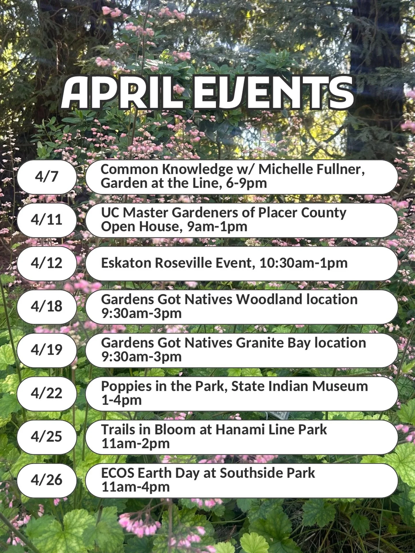This post is for real - April is shaping up to be another month full of great events! Check out the link in the bio for more event details.
 
 
#miridaemobilenursery #californianativeplants #nativeplantnursery #plantnativeplants #pollinatorgarden