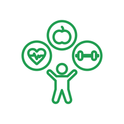 A person with arms raised, surrounded by heart, medication, and dumbbell icons, representing health and fitness.