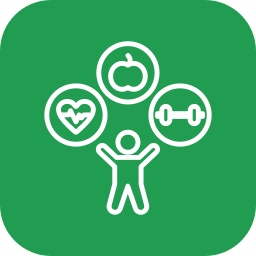 Icons representing health, exercise, and nutrition above a figure with arms raised on a green background.