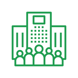 A green outline of a presentation or meeting with an audience, including a screen and several people seated in front.