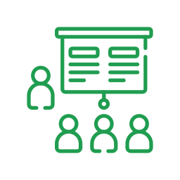 Outline of a person presenting in front of a group of three people, with a large screen or board displaying information.