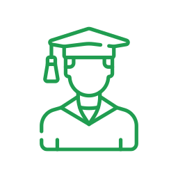 Outline of a graduate wearing a cap and gown, facing forward.