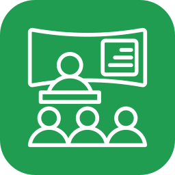 Icon of a video conference with a person speaking in front of a screen and three others listening.