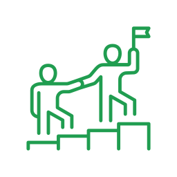 Outline of two people on a podium, one handing a flag to the other, representing achievement or victory.