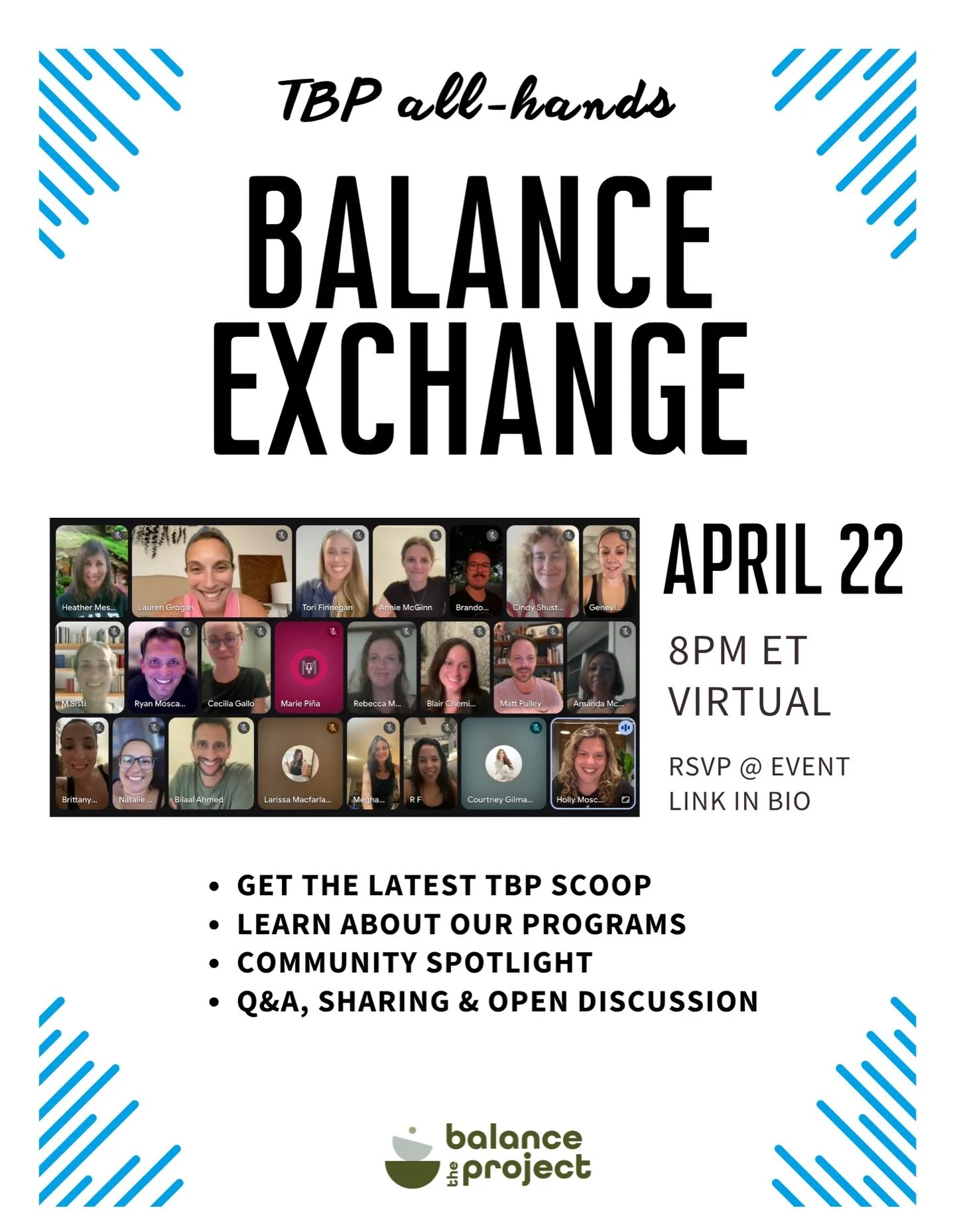 Join us for our monthly all-hands virtual meet-up Wednesday @ 8pm ET!

RSVP @ event link in bio. See you there 👀!!!

#thebalanceproject #techlifebalance #parenting #millennialparents #parents