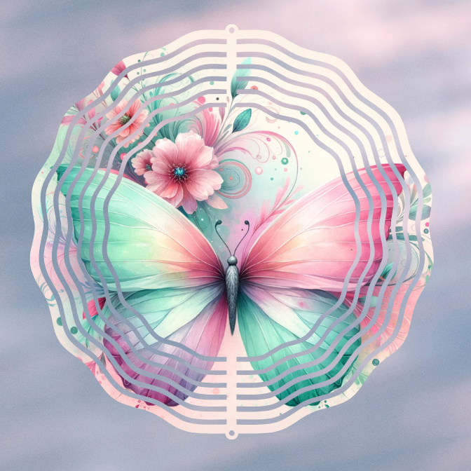 A colorful butterfly with pastel shades of pink, green, and purple on its wings, surrounded by pink flowers and a decorative circular pattern, set against a cloudy sky background.