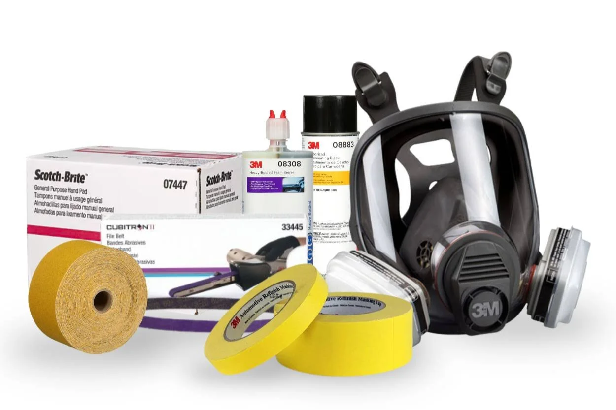 3M industrial products for custom coating and manufacturing applications displayed together, including abrasives, paint spray equipment, polishes, safety gear, sanding systems, sealants, and professional tools and accessories.