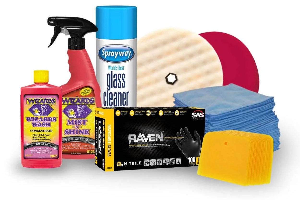 Assorted automotive detailing, cleaning, and repair solutions from multiple manufacturers shown together with professional tools, equipment, and refinishing supplies for collision centers and body shops.