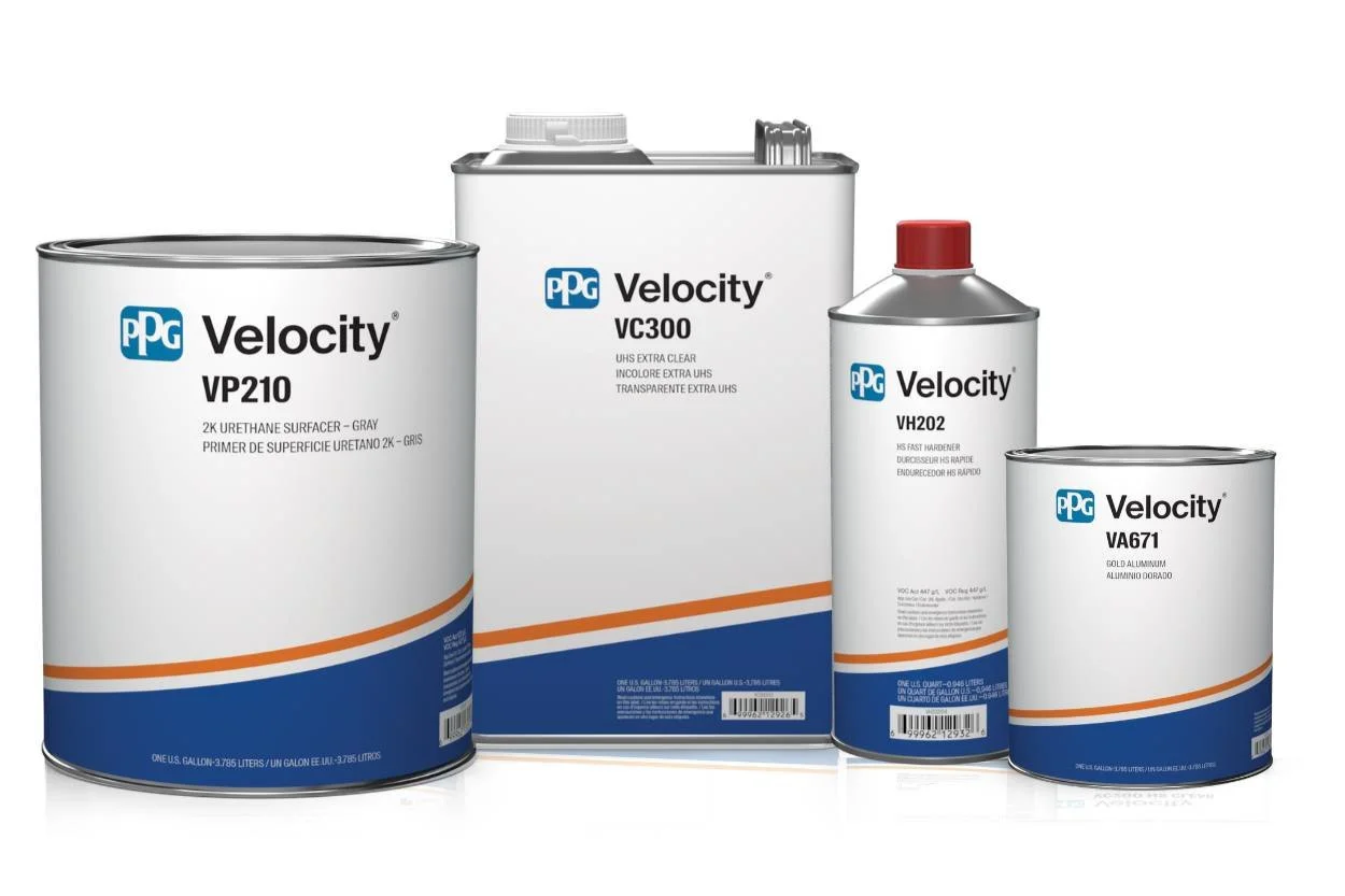 A display of PPG Velocity Refinish System products are displayed