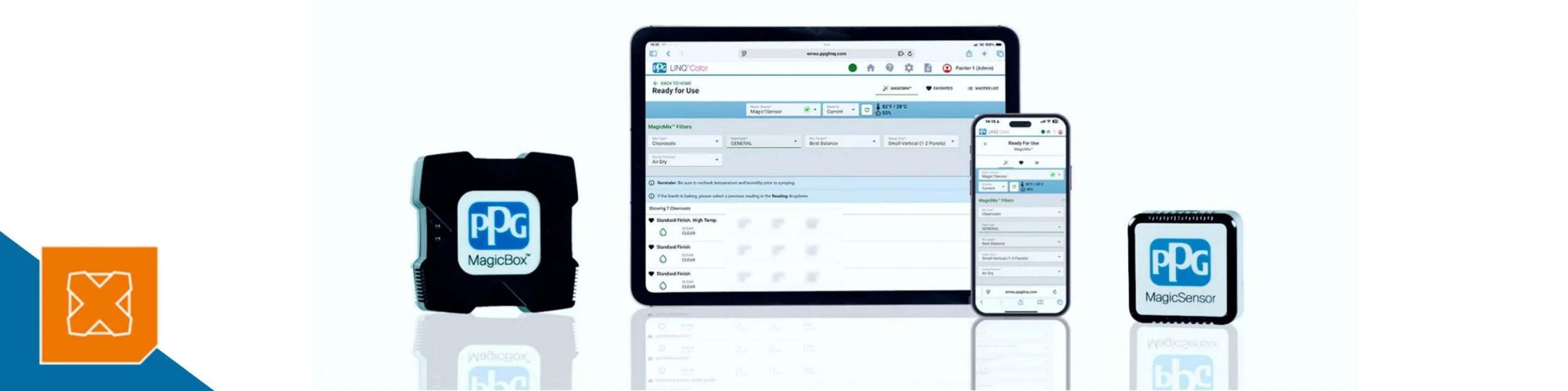 Several pieces of technology sit upright such as a PPG MagicBox and PPG MagicMix smart device for automotive painting. A phone and tablet display the PPG MagicMix software offers product recommendations based on the shop enviroment.