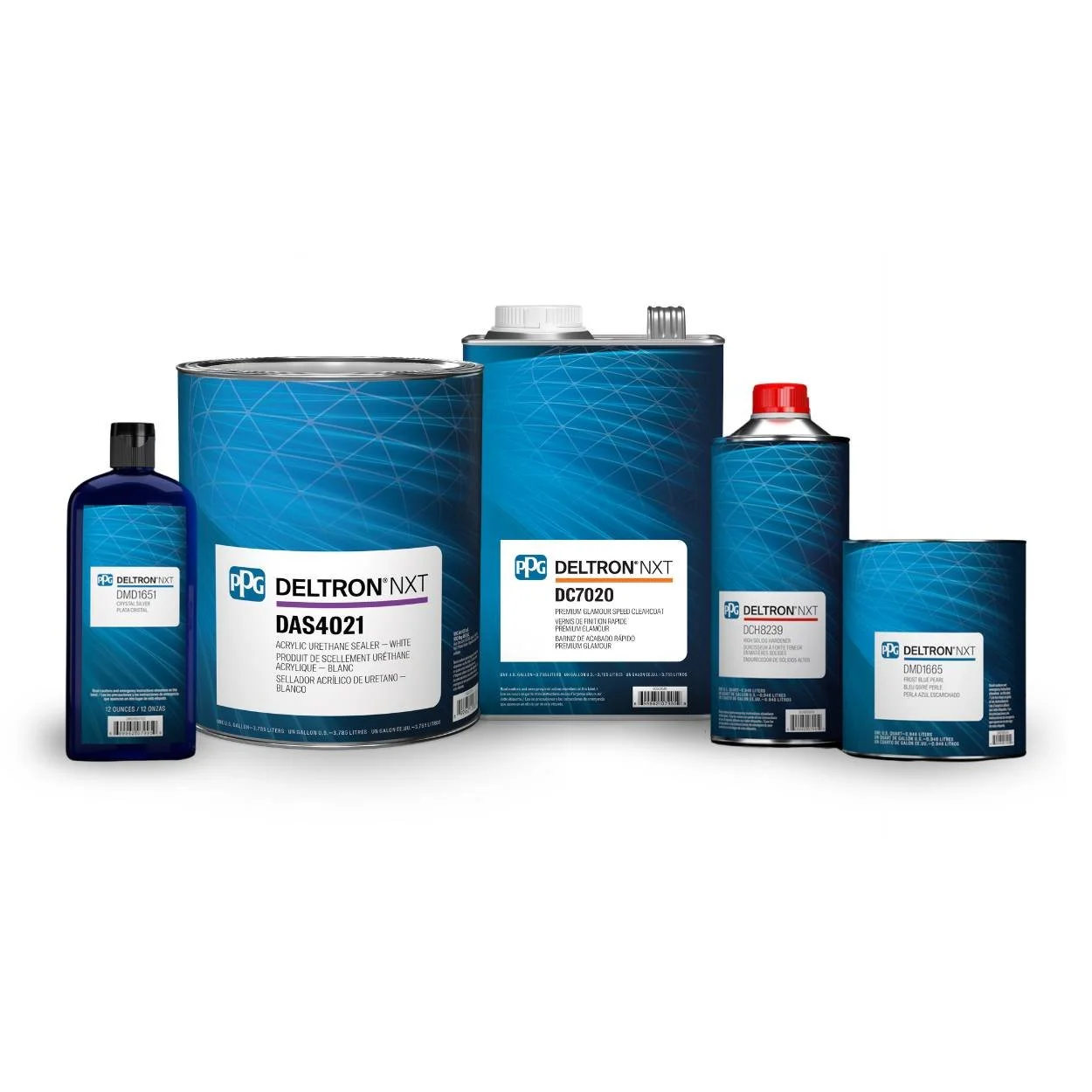 PPG DELTRON® NXT refinish system products displayed together, including sealers, primers, basecoat, clearcoats, and specialty pearl toners for custom effect finishes.