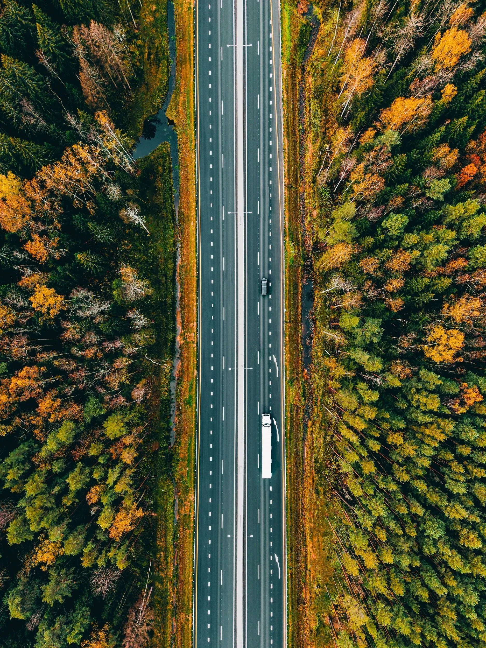 Aerial view of a divided highway running through a dense autumn forest, with a semi-truck and car traveling along the road surrounded by colorful fall foliage in shades of green, yellow, and orange.