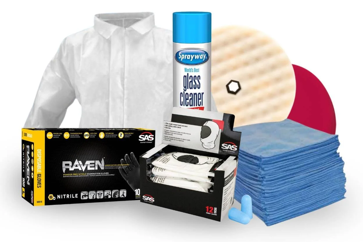 Commercial transport repair and maintenance products displayed together, including detailing supplies, cleaning products, safety equipment, abrasives, masking materials, and fleet body shop essentials.