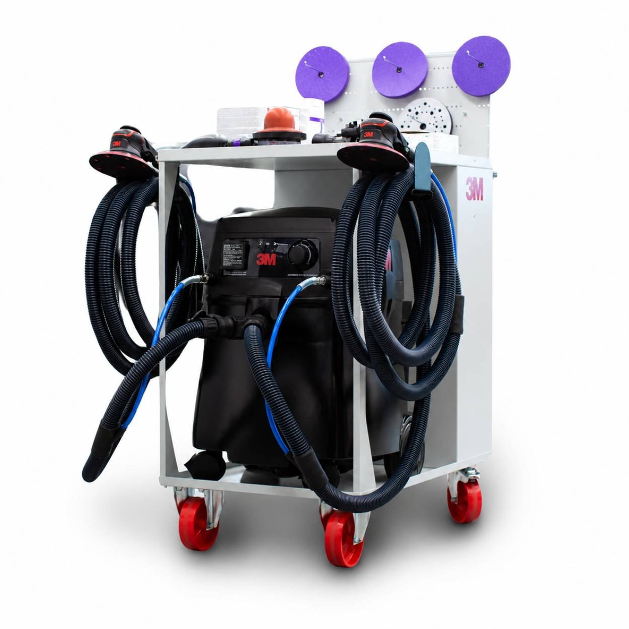 A 3M mobile sanding and dust extraction workstation with dual vacuum hoses, mounted orbital sanders, purple abrasive discs, and red caster wheels on a clean white background.