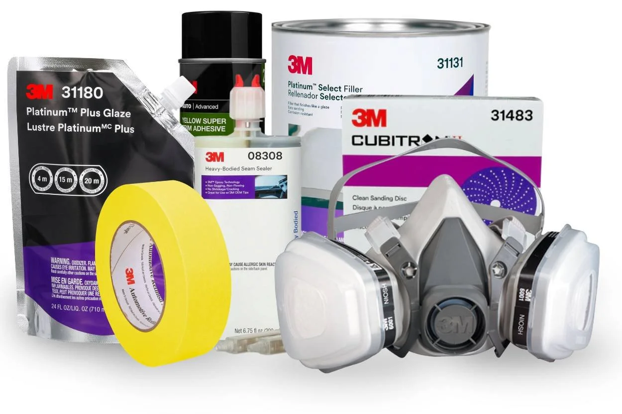 3M auto body repair and refinishing solutions shown together, featuring abrasives, sealants, body filler, polishing compounds, masking tape, spray equipment, sanding accessories, and personal protective equipment for collision repair professionals.