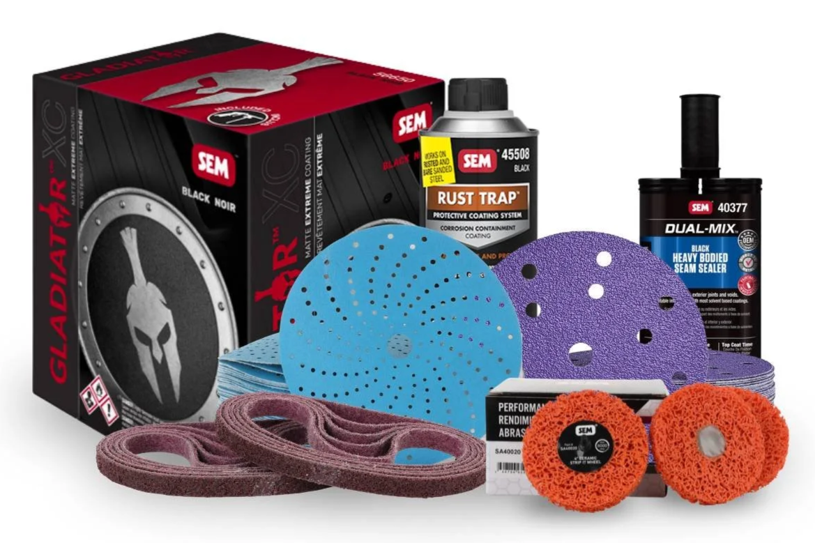 SEM commercial transport repair products displayed together, including sandpaper, masking tape, corrosion protection products, seam sealer, and body shop supplies.
