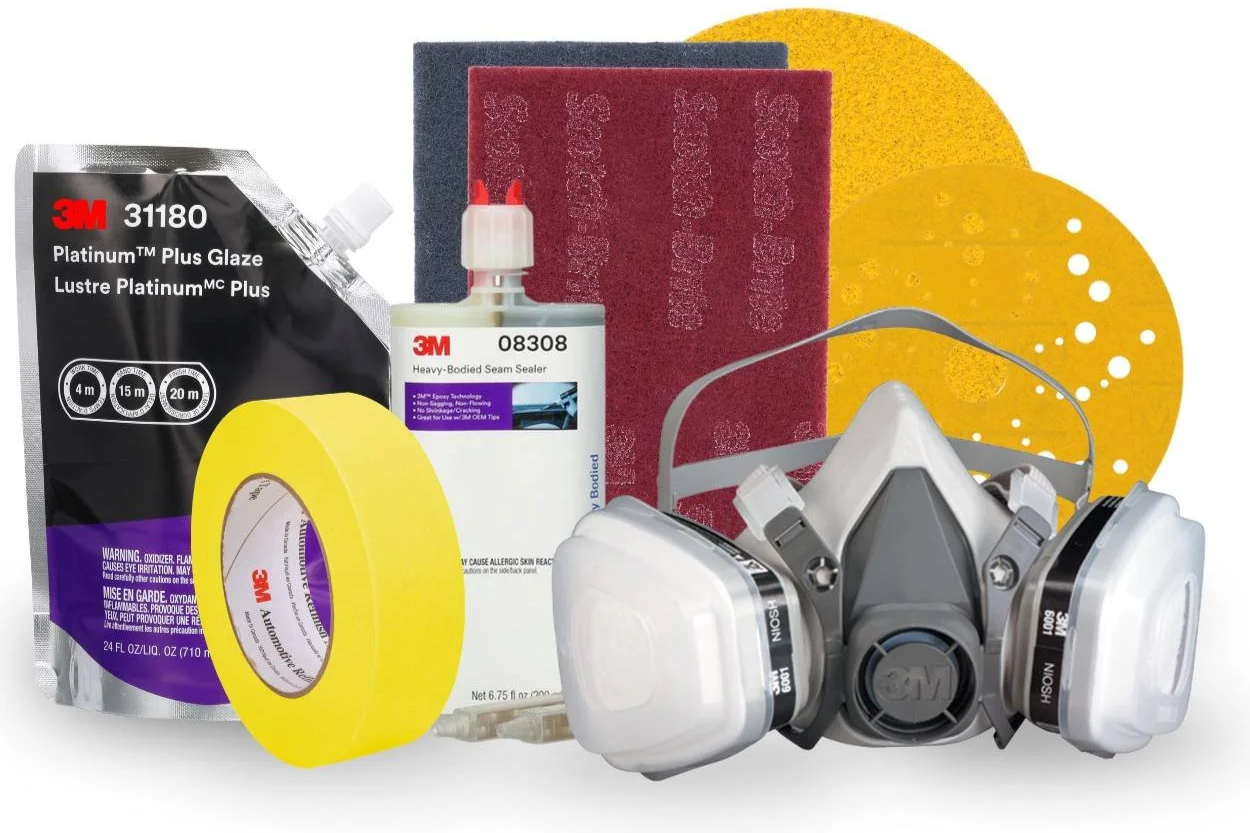 3M products design for use in performing repairs in the commercial transport is displayed including items such as abrasives, masking tape, respirators, and body supplies.