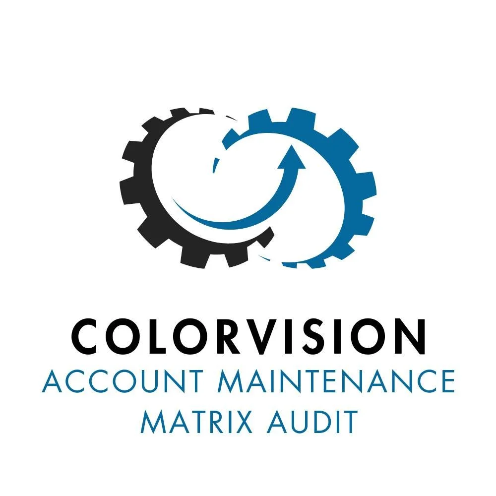 ColorVision Account Maintenance Matrix Audit logo featuring two interlocking black and blue gears with a circular upward arrow, above bold ‘COLORVISION’ text and blue ‘Account Maintenance Matrix Audit’ lettering on a light gray background.
